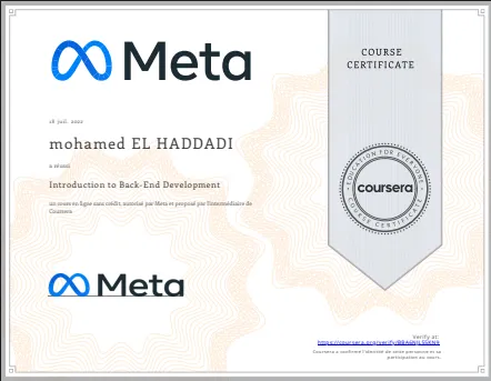 Introduction au Développement Back-End certificate logo